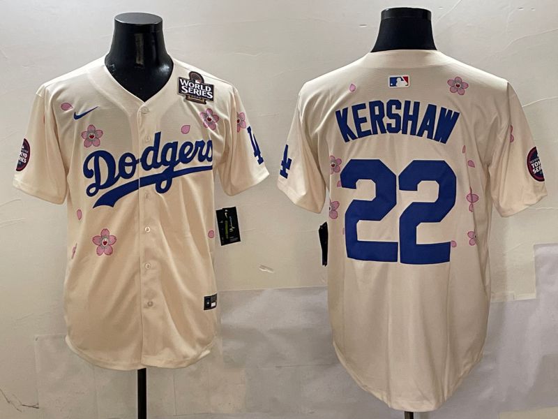 Men Los Angeles Dodgers #22 Kershaw Cream White Blue Sakura Edition 2025 Nike MLB Jersey style 5->los angeles dodgers->MLB Jersey